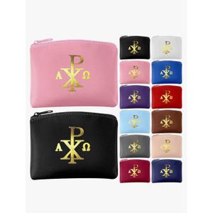 12 Pcs Rosary Pouch Catholic with Gold Cross PU Leather Rosary Case for Women and Men Coin Purses Holder Zipper Bag for Travel Christmas, 12 Colors(Chi Rho)