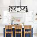4-Lights Black Farmhouse Rectangle Chandelier Dining Room Light Fixtures, 30.4-Inches Length Contemporary Kitchen Island Pendant Lighting with Seeded Glass Lampshades
