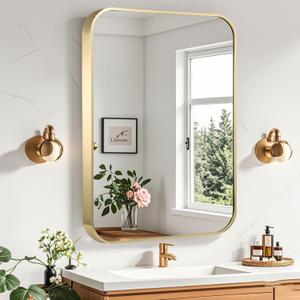 Gold Bathroom Mirror, 24x36 Inch Brushed Gold Mirror, Aluminum Alloy Framed Vanity Mirror, Rounded Rectangle Mirror for Over Sink, Anti-Rust (Horizontally or Vertically)