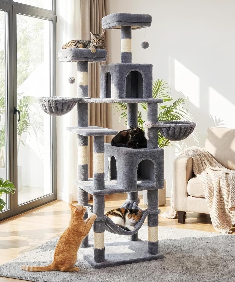 AMHANCIBLE Cat Tree, 70 Inch Cat Tower for Indoor Cats, Multi-Level Cat Tree with Scratching Post, Hammock, Hanging Basket, Large Cat Condos for Adult Cats Kittens, Grey, PT18GY