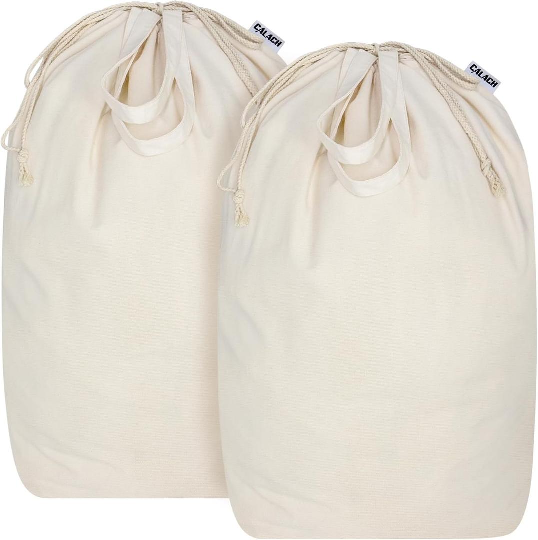 Canvas Laundry Bags with Handles & Square Base13.8"x 13.8", Large Heavy Duty Laundry Hamper Bag, College Dorm Washable Drawstring Cotton Dirty Clothes Sack (Beige,2 Pack)