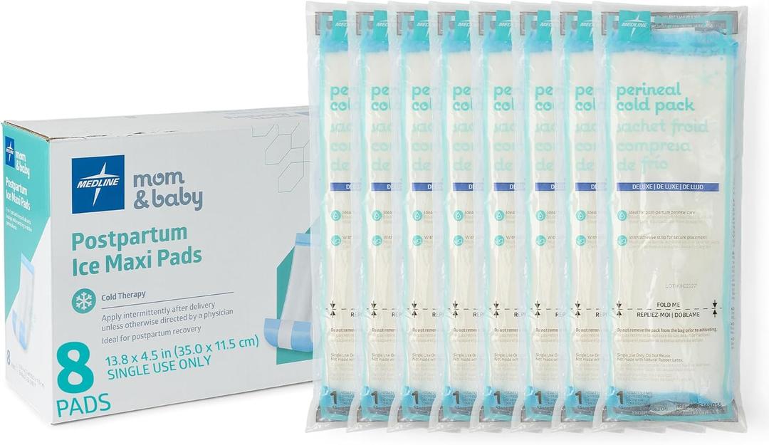 Medline 2-in-1 Absorbent Perineal Pad and Instant Cold Ice Packs for Postpartum Care (8 Count). Ready-to-use Essential for After Delivery, Maternity, Postpartum Care, With Adhesive Strip, 8 Count