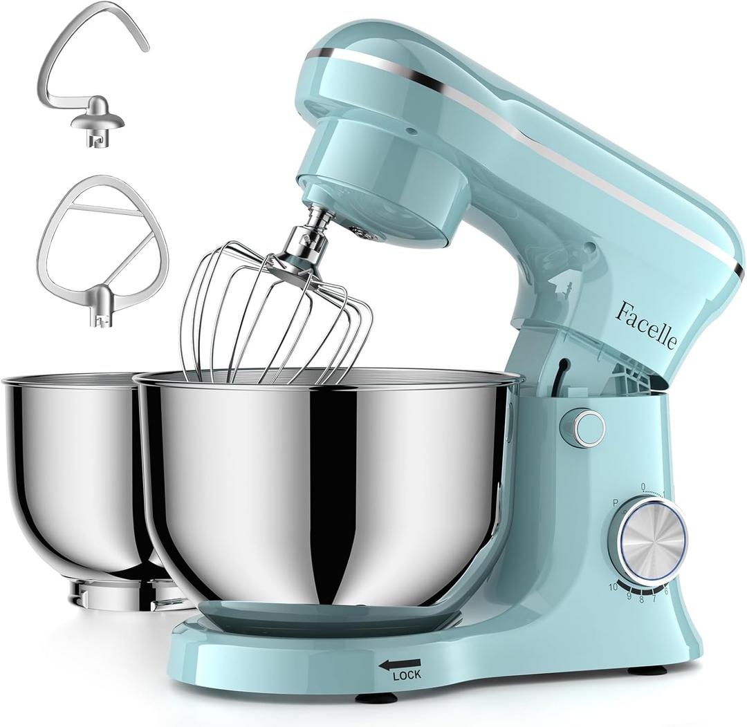 Facelle Tilt-Head Stand Mixer, 5QT+6QT Stainless Steel Two Bowls, 10 Speeds Kitchen Electric Food Mixer with Egg Whisk, Dough Hook, Beater, Dishwasher-Safe Attachment, Ideal Gift for Mom (Blue)