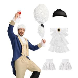 Founding Fathers Costume Colonial Style Judge Wig Lace Jabot and Cuffs Set, Perfect for Halloween, Cosplay, Party (White)