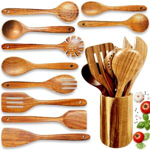 Home Hero Wooden Utensil Set 11 Pcs Natural Teak Wooden Kitchen Utensils Set with Sturdy, Easy-to-Clean Wooden Spoons for Cooking Non-Scratch Teak Cooking Utensils (11 pcs)