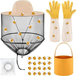 5PCS Beekeeper Set Includes 1PCS Beekeeper Veil Hat, 20PCS Felt Bees, A Roll of Dispensing Glue, 1PCS Yellow Felt Bucket, 1 Pair Beekeeping Wool Gloves for Bee Keeper Catcher Halloween Costume