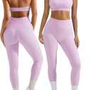 OMKAGI 2 Piece Workout Sets for Women Halter Sports Bras Gym Sets Booty Leggings Outfits (Large, Pink)
