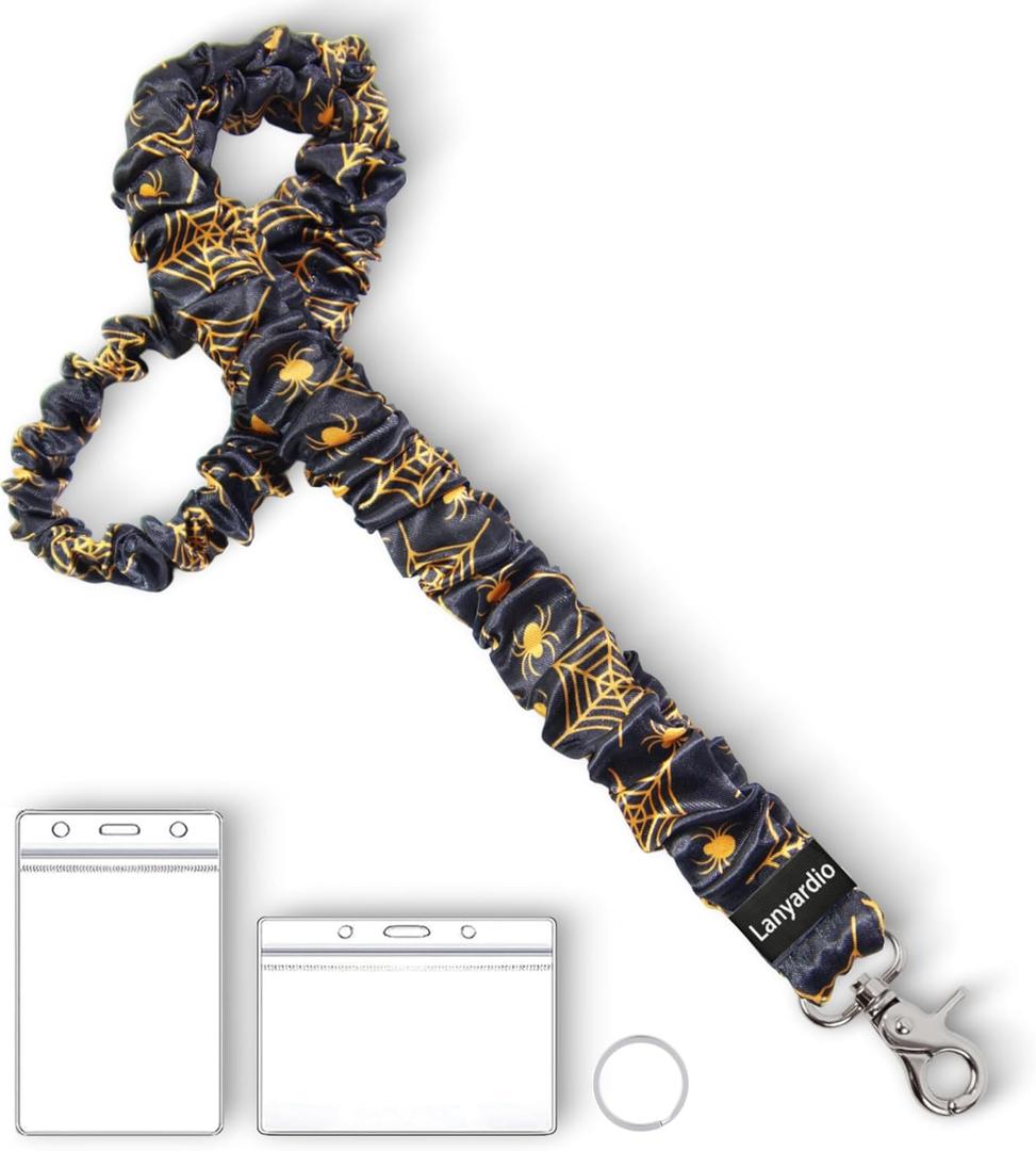 Lanyardio Stretchy Scrunchie Lanyard for ID Badges Keys, Cute Teacher Lanyard for Women with 2 Card Holders 19.17 Inch (Halloween Spider Web)