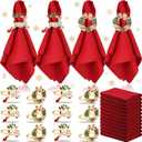 Sliner 24 Pcs Christmas Napkins and Ring Set 12 Pcs Red Washable Christmas Napkins Cloth and 12 Pcs Xmas Napkin Rings Holder for Holiday Dinner Party(Metal,Elk, Bell)