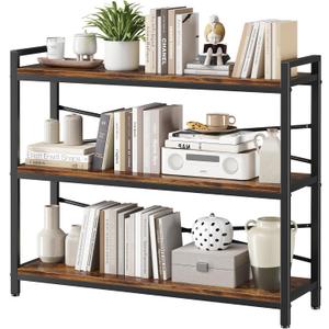 3 Tier Bookshelf 39.37" Width, Long Industrial Bookcase, Vintage Farmhouse Modern Wooden Big Book Shelf for Home Living Room Bedroom Office Storage(Rustic Brown)