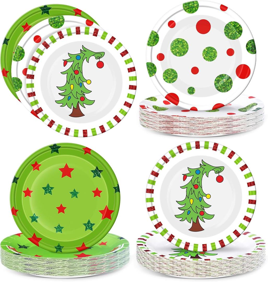 48 Pcs 9 Inch Green Elf Christmas Disposable Plates Whimsical Christmas Party Supplies Xmas Tree Paper Plates Green Red Tableware Holiday Shower Birthday Decorations