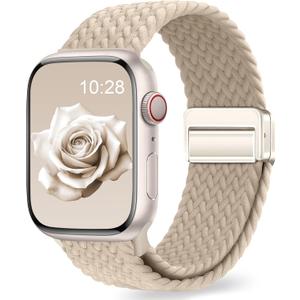 Braided Stretchy Band Compatible with Apple Watch Bands 38mm 40mm 41mm 42mm 44mm 45mm 46mm 49mm Women Men, Soft Nylon Solo Loop Magnetic Sport Strap for iWatch Series 11 10 9 8 7 6 5 4 3 2 1 SE Ultra, Beige, Gold