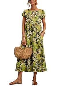 Larmliss Baggy Crew Neck Dress for Women Summer Casual Comfy Cotton Short Sleeve Tunic Beach Maxi Dresses with Pockets , 2CL