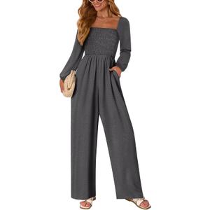 KIRUNDO Jumpsuits for Women Dressy Casual One Piece Long Sleeve Wide Leg Long Pant Rompers With Pockets 2025 Fall Outfits (Gray, XL)