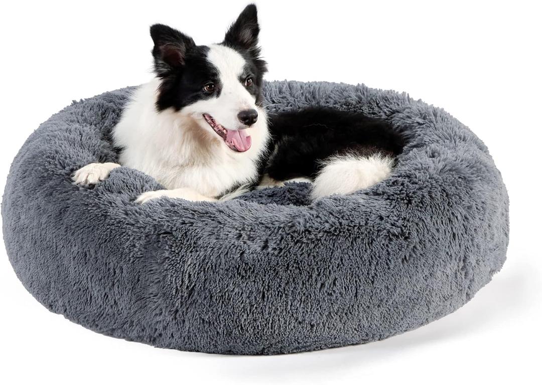 Bedsure Calming Dog Bed for Large Dogs - Donut Washable Large Pet Bed, 36 inches Anti-Slip Round Fluffy Plush Faux Fur Dog Bed, Fits up to 100 lbs Pets, Dark Grey