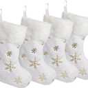CCINEE 4PCS White Christmas Stockings,18 Inch Large Plush Faux Fur Xmas Stocking with Golden Snowflake Sequin Glitter Snowflake Hanging Stocking for Christmas Tree Wall Fireplace Home Decoration