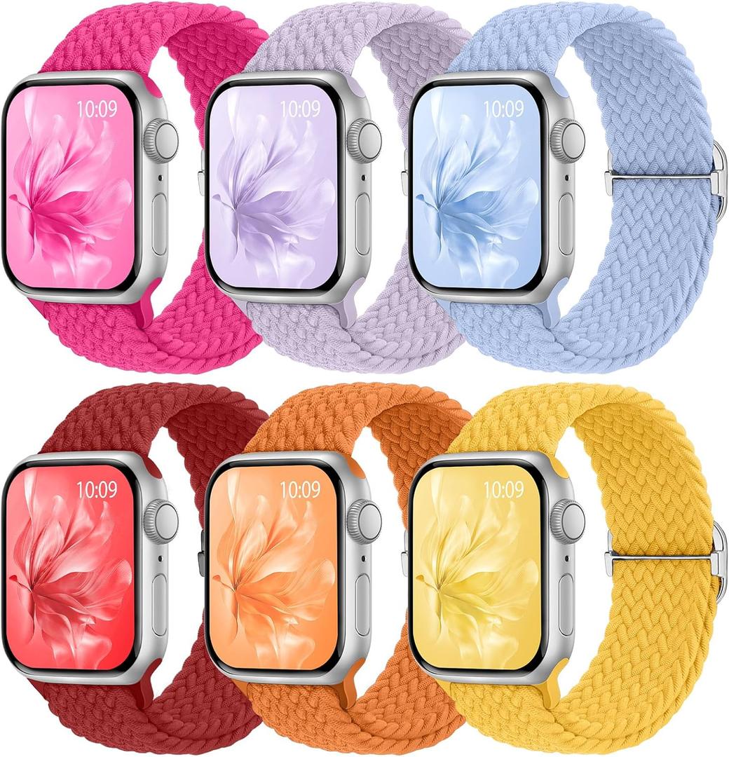 6 Pack Braided Stretchy Bands Compatible with Apple Watch Band 38mm 40mm 41mm 42mm 44mm 45mm 46mm 49mm Women Men, Adjustable Nylon Solo Loop Elastic Straps for iWatch Series 10 9 8 7 6 5 4 3 SE Ultra