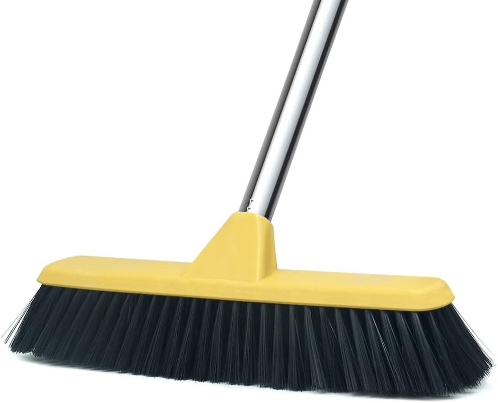 Push Broom with Long Handle, Floor Brush 49.6 inch Soft Bristle Broom 12.2" Wide for Cleaning Bathroom Kitchen Patio Garage Deck Tile Floor (Yellow)