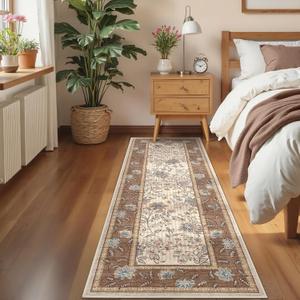 GarveeHome 2x6 Washable Runner Rug for Bedroom, Soft Botanical Floral Kitchen Runner with Non Slip Backing Brown Farmhouse Laundry Mat Stain Resistant Carpet for Hallway Bathroom Beside Rug
