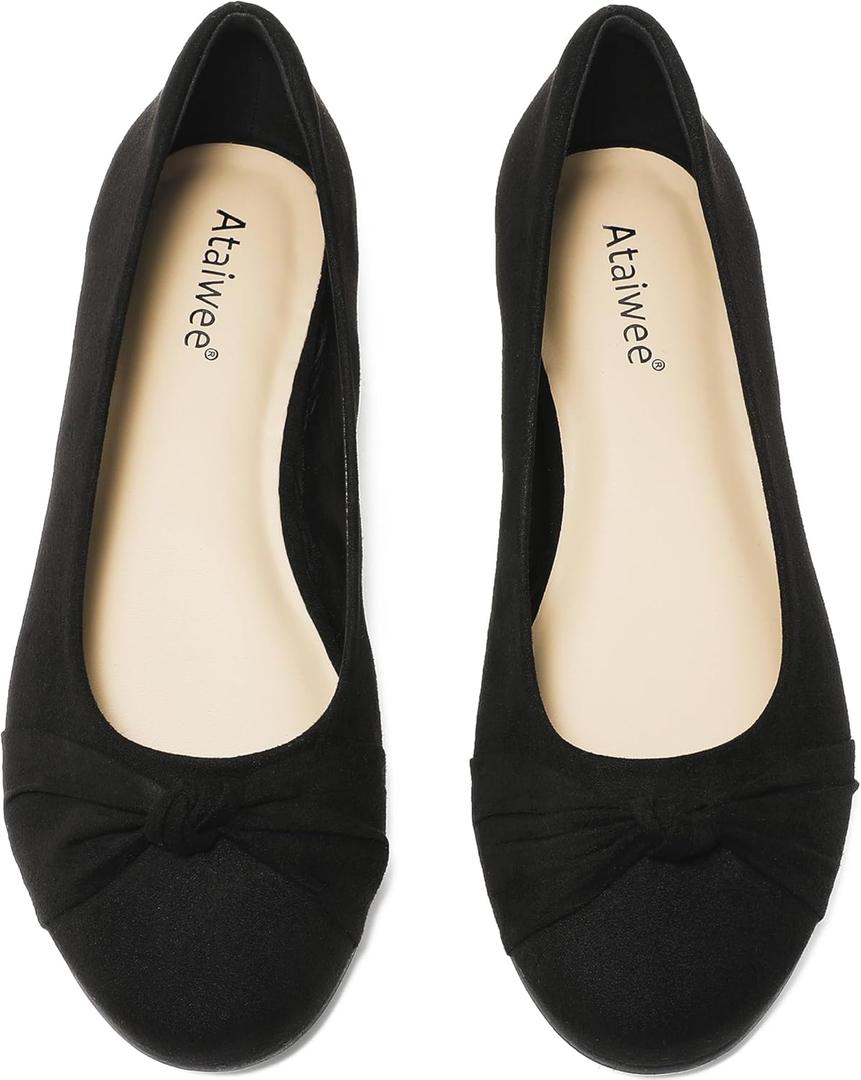 Ataiwee Women's Wide Width Flats Shoes - Ladies Cute and Comfortable Dress Ballet Shoes. (2402-0004 Black)