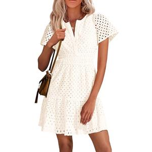 PRETTYGARDEN Womens 2025 Summer Short Dress V Neck Short Sleeve A Line Hollow Out Lace Ruffle Cute Casual Beach Party Dresses (White,Small)
