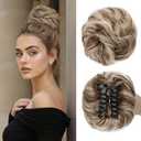 MY-LADY Claw Clip Messy Bun Hair Pieces Human Hair for Women Real Hairpiece Wavy Scrunchies Tousled Updo Donut Chignon Ponytail Extension Medium Brown & Bleach Blonde