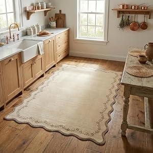 GarveeHome 3x5 Scalloped Washable Area Rug for Bedroom,Soft Solid Jute Entryway Rug Farmhouse Kitchen Mat Non Slip Low Pile Carpet Stain Resistant Throw Rug for Bedside Kids Room Office