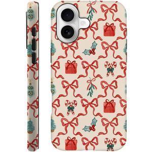 Case Compatible with iPhone 17 - Hybrid Durable Shockproof Phone Cover,Cases for Woman Girl - Red Green Christmas Scroll Bow