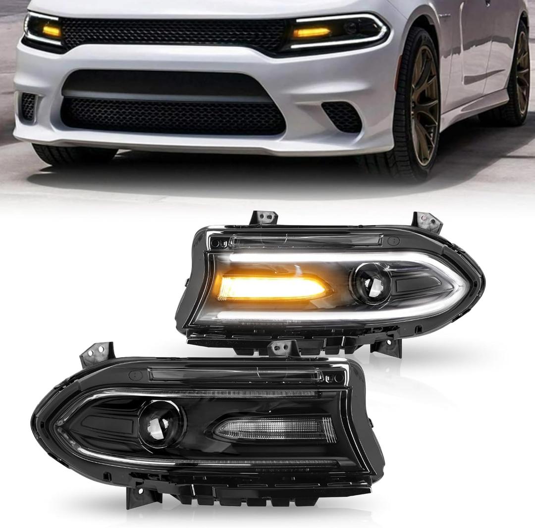 PartsFlow Left And Right Side Pair With LED Dual Beam Projector Halogen Headlights For 2015-2020 Dodge Charger S.R.T GT SXT 68214398AA,68214399AA