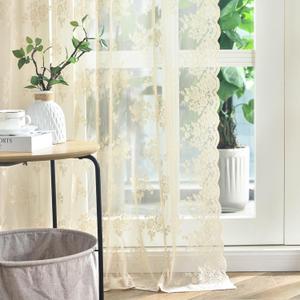 Kotile Beige Sheer Curtains 54 Inch Length 2 Panels, Country Rustic Floral Retro Beige Sheer Lace Curtains for Bedroom, Rod Pocket Light Filtering Privacy Cream Window Curtain Panels, 52 x 54 Inch