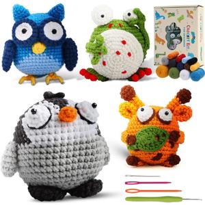 Bojianxin Set of 4 Crochet Kit for Beginners Kids, DIY Art Craft Set, Great Gift for Crochet Lovers, Crocheting Animal Kits with Step by Step Videos, Yarn, Hook, Adults and Kids Crochet Beginner Kit