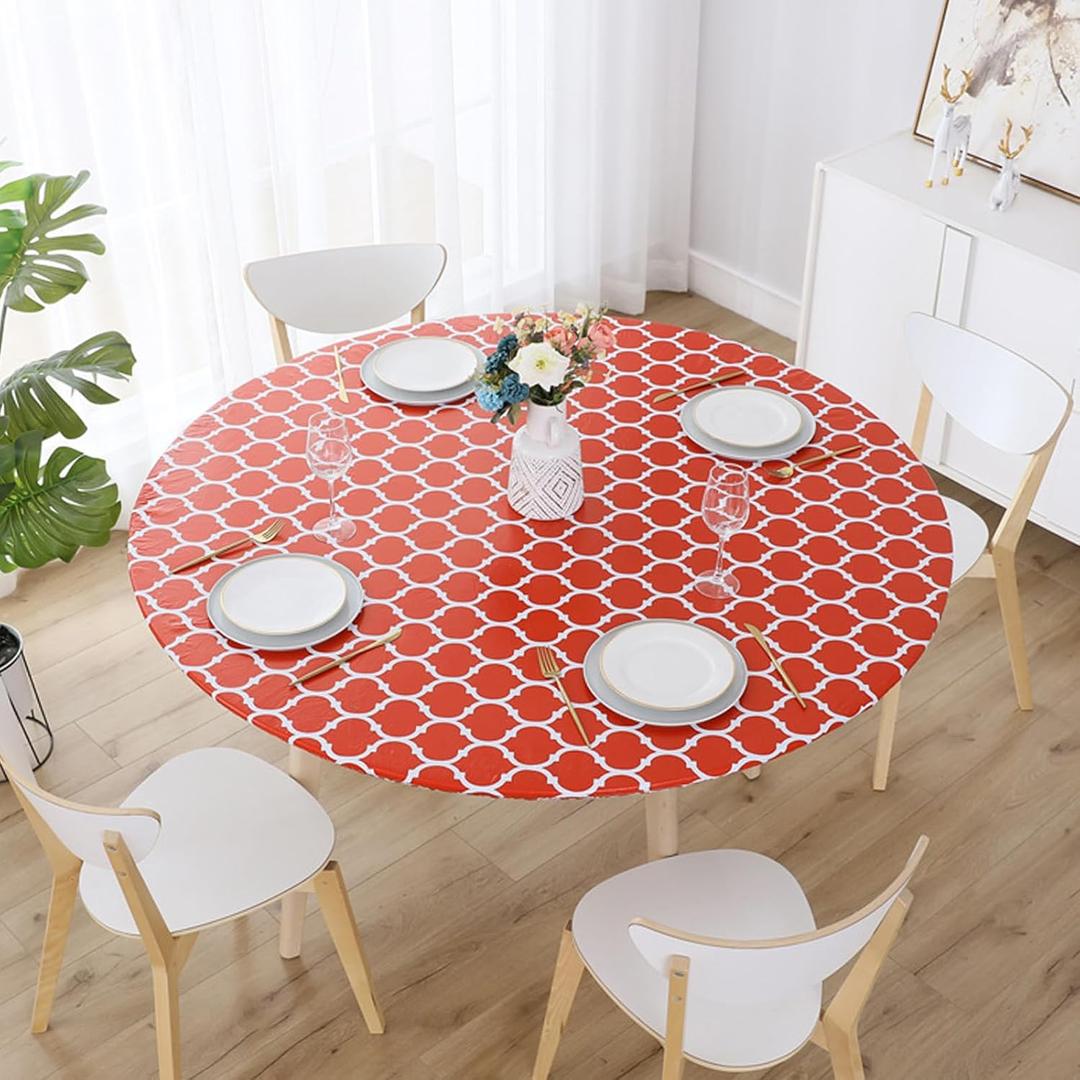 Jeloris Round Fitted Vinyl Tablecloth with Elastic Edge, Waterproof Moroccan Design Wipeable Plastic Table Cover with Flannel Backing, for Indoor Outdoor Patio Use (Red, 48 Inch)