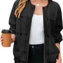 Glamaker Womens Denim Bomber Jacket Trendy Casual Zip Up Crew Neck Long Sleeve Loose Fit Jean Jacket Fall Outfits (Black, M)
