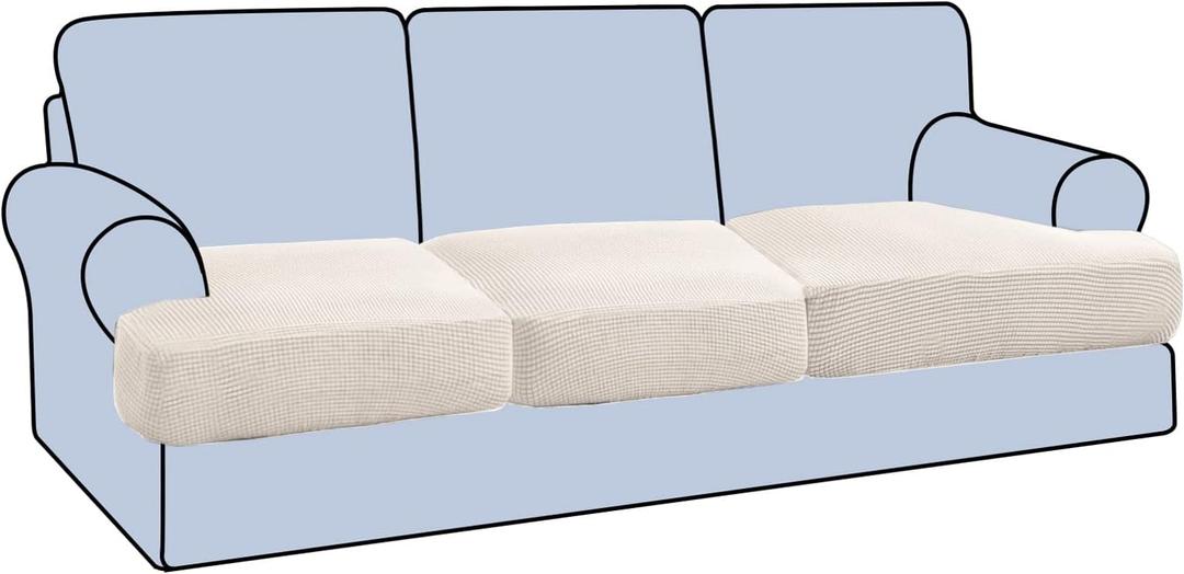 H.VERSAILTEX Stretch 3 Piece T Cushion Sofa Slipcovers Individually Sofa Cushion Covers for 3 Cushion Couch Sofa Seat Cushion Covers with Elastic Bands Featuring Thicker Jacquard Fabric, Ivory