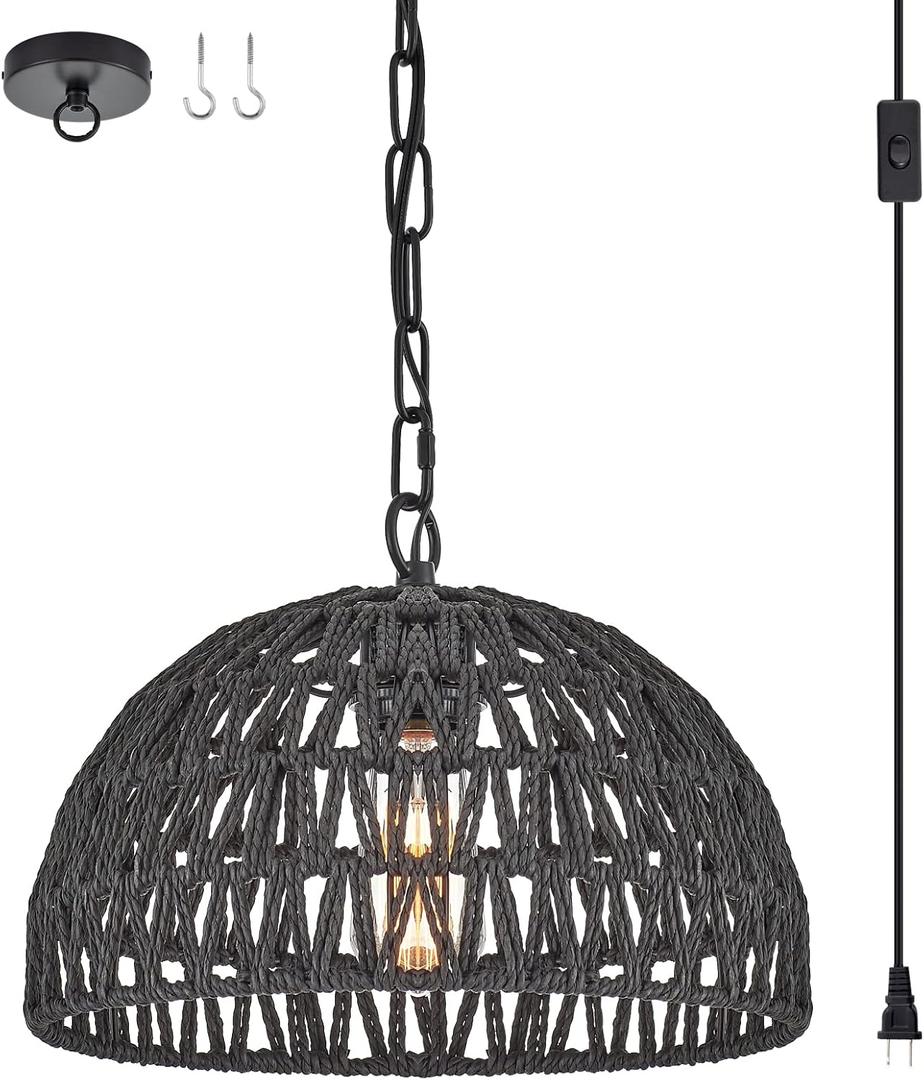 ELYCCUPA Hand-Woven Rattan Black Plug in Pendant Light with Adjustable Chain Transitional Minimalist Boho Dome Wicker Pendant Hanging Light for Kitchen Island Dining Room Hallway, Dia 13”, UL Listed
