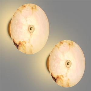 Round Alabaster Wall Sconce Natural White Marble Sconces Set of Two, 3 CCT Adjustable Wall Lamp Decor Home, 8W Hardwired Circular Wall Lights for Bedroom, Stairs, Living Room, Bedside, Hallway (Gold)
