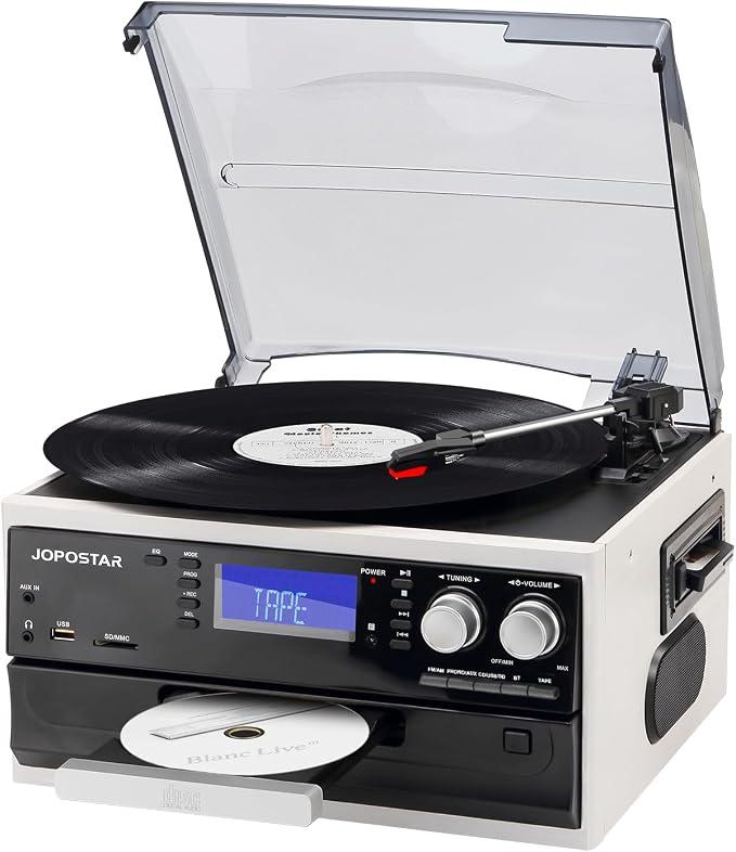 9 in 1 Vinyl Record Player 3 Speeds Bluetooth Turntable with Built-in Dual Speakers, 3.5mm Aux/RCA Vinyl Phonogarph with CD/Cassette AM/FM Radio USB/SD/MMC Player