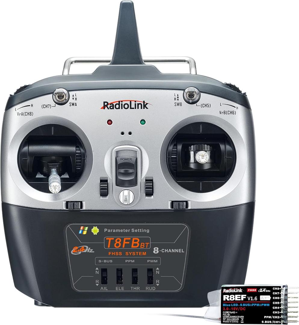 Radiolink T8FB 8 Channels 2.4GHz RC Remote Transmitter and R8EF Receiver APP Parameter Setup Dual Stick Controller for RC Airplane Aircraft Boat Car and More (Mode 2)