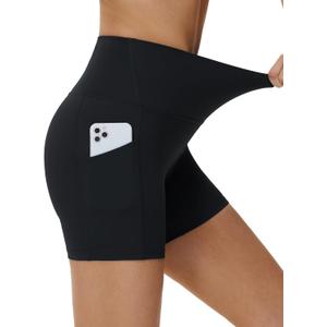 THE GYM PEOPLE Women's High Waist Yoga Shorts 5" Stretchy Tummy Control Biker Workout Running Short with Side Pockets (Black)