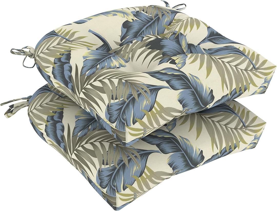 DYTXIII Set of 2 Outdoor Chair Cushions 19"x19"x4", Water Repellent Tufted Patio Seat Cushions with Ties, Thick Replacement Pads for Wicker Dining Chairs, Patio Furniture, Lush Palm Blue