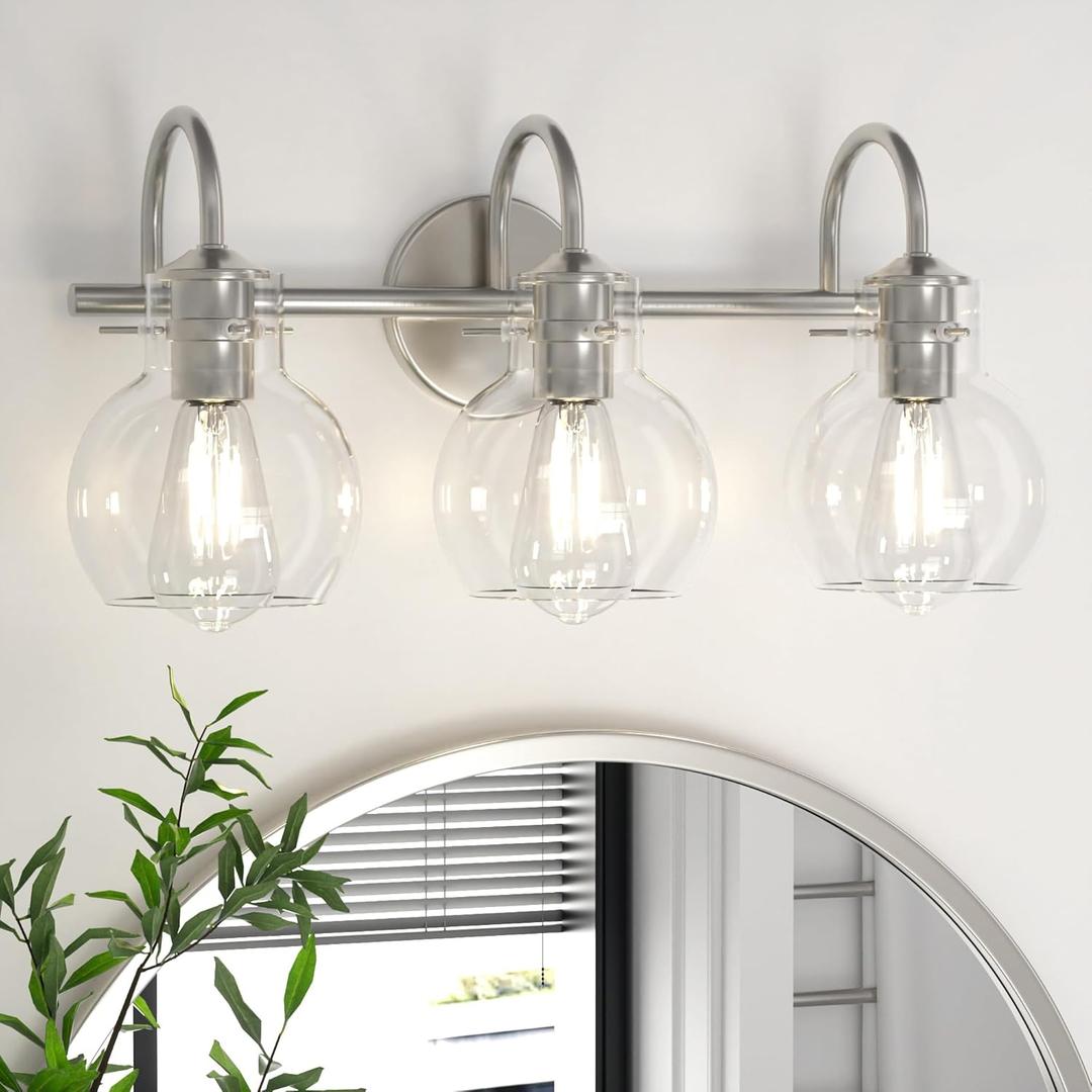 Bathroom Light Fixtures Brushed Nickel 3 Light Bathroom Lights Over Mirror with Clear Glass Shade Brushed Nickel Modern Wall Sconces Vanity Light for Bathroom UL Listed