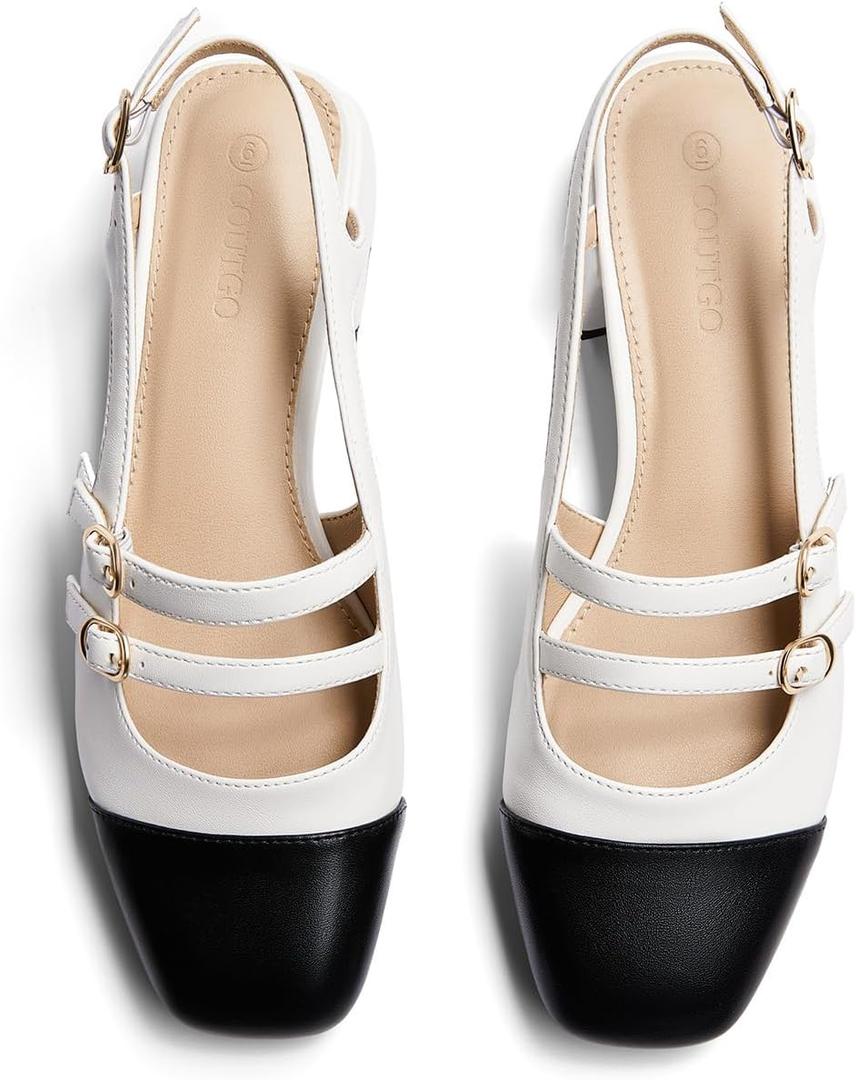 Coutgo Women's Mary Jane Chunky Low Heels Slingback Pumps Closed Square Toe Wedding Dress Shoes (7.5, Black & White Pu)