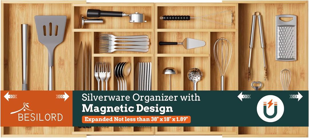 Silverware Organizer Large, Magnetic Connected Expandable 13 Slots Silverware Drawer Organizer From 21 to 37.4 Inches, Adjustable Flatware and Cutlery Holder, Bamboo Utensil Tray for Kitchen Natural