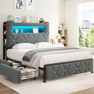 Full Upholstered LED Bed Frame with 2 Storage Drawers and 2-Tier Storage Headboard, Velvet Platform Bed with Charging Station & Bookcase, Corner Bed Frame, Heavy Duty Metal Support, Grey