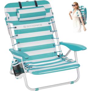 SONGMICS Portable Backpack Beach Chair, 331 lb Capacity, 4 Angles Adjustable Backrest, 2 Side Pockets, Towel Bar, Green and White UGCB62JW