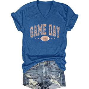 Game Day Football Shirts for Women: Football Mom T-Shirts Gameday Outfits Funny Vneck Short Sleeve Tees (Large, Blue1)
