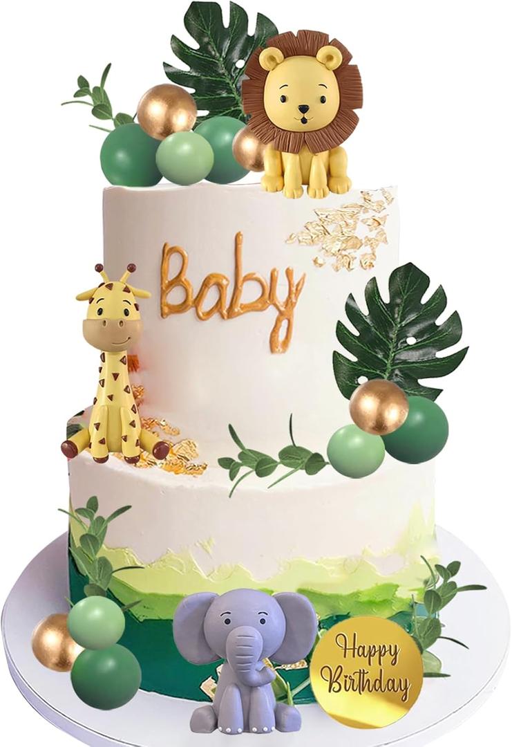 25 PCS Safari Animal Cake Toppers Jungle Wild Cake Decorations with Green Balls Plam Leaves for Wild Animals Themed Birthday Baby Shower Party Supplies