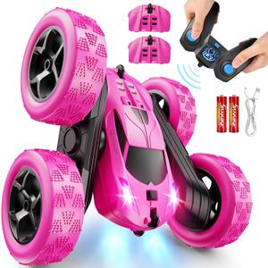 QUNREDA RC Cars, Rose Remote Control Car for Girls, 2.4 GHZ Double Sided RC Stunt Car 360 Rotating Remote Control Crawler with Headlights Car Toys for 6 7 8 9 10 11 12 Girls Birthday Gift
