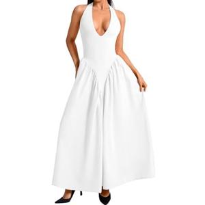 ChiaoLezhee Deep V Neck Dress, Halter Maxi Dresses, Vacation Date Night, Sexy for Women Corset Flowy Wedding Guest Drop Waist Medium
