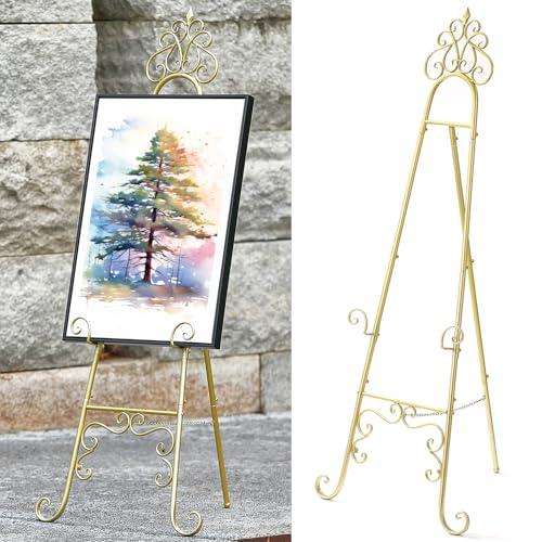 Metal Easel Stand for Sign with Chain Support, Gold Extra Large Scroll Floor Standing Easel for Display Wedding Sign Picture Frame Mirror, 59" H × 22" L × 20" W